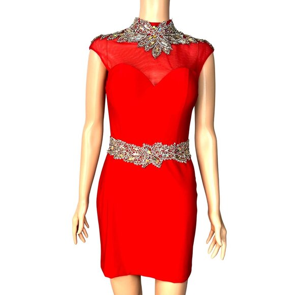 Splash Dresses & Skirts - Splash Red Crystal Embellished Open Back Short Dress Sheer Top Cap Sleeves Sz 8